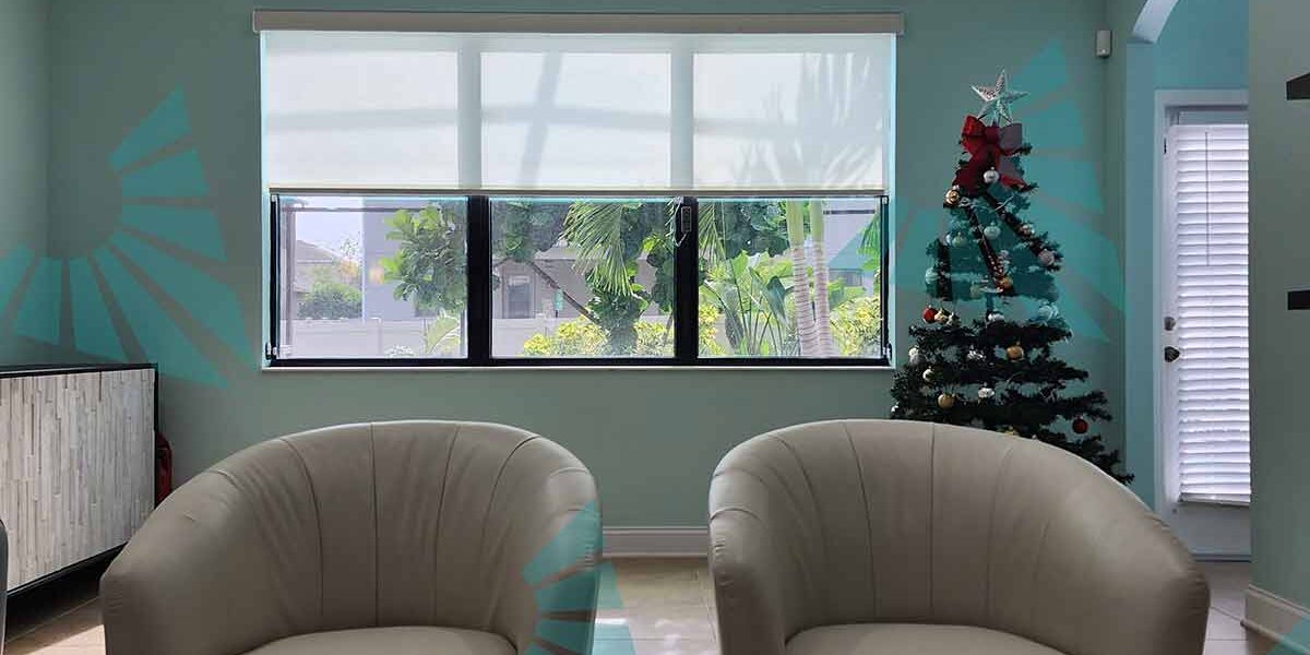 Living Room with roller shades in its window